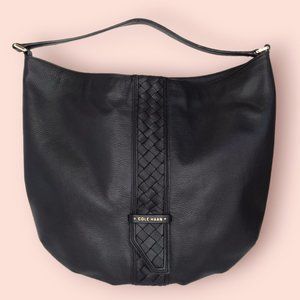 Cole Haan Shoulder Hobo Bag Black Pebbled Leather Braided Detail Logo Classic